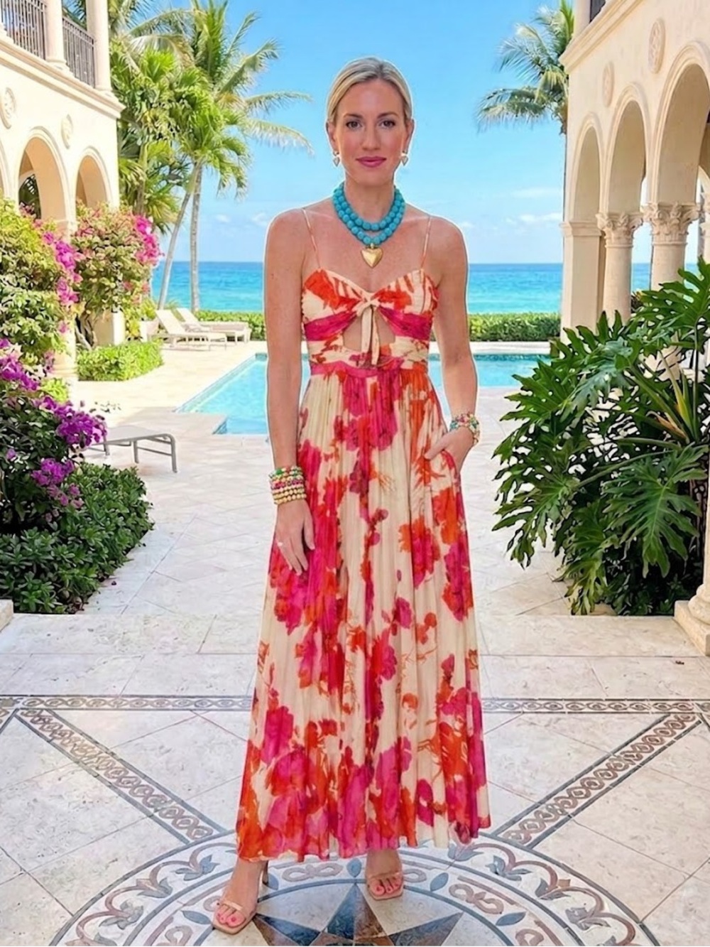 Commense Floral Tie-Front Maxi Dress in Pink & Orange on Cream